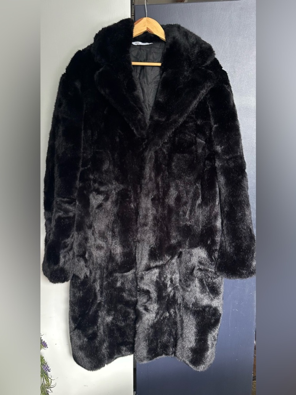Zara Black Faux Fur Teddy Coat with pockets outside and inside